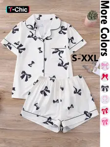Two-Piece Set Women's Bow Print Short Sleeve Tee & Elastic Waist Shorts Pyjama, Casual Comfy Round Neck T-shirt & Shorts Matching PJ Set, Ladies Summer Sleepwear Pajama Set, Casual Pajamas, Casual Nightwear