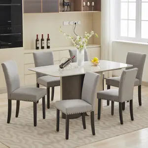 Light Grey Upholstered Dining Chairs Set of 6, Fabric Parsons Dining Room Chair with Nailhead Trim and Sturdy Wood Legs, Modern Fabric Accent Chair Kitchen Chairs for Dining Room/Kitchen/Restaurant