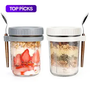350 ml / 12 oz Glass Storage Jar with Lid & Spoon, 2 Pcs Portable Overnight Oats Breakfast Cups, Airtight Container Set, Food Storage Containers for Home, Kitchen, Office, School and Dormitory Picnic, Glass Kitchen Canisters