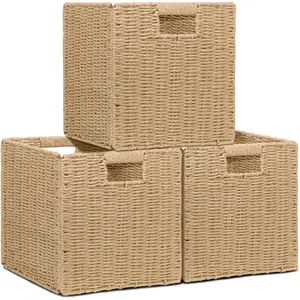 Wicker Storage Baskets for Organizing, 3 Pack Rustic Foldable Square Basket for Shelves, Handwoven Cubby Organizer Bins for  Decor, Small Cube Storage Bin for Closet Organization ( 11 inch)