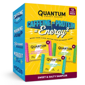 Quantum Energy Square Healthy Protein Energy Bars Sweet & Salty Variety 12-Pack - Organic Caffeine with Balanced Macronutrients, 10g Plant-Based Protein, Vegan, Gluten-Free, Non-GMO