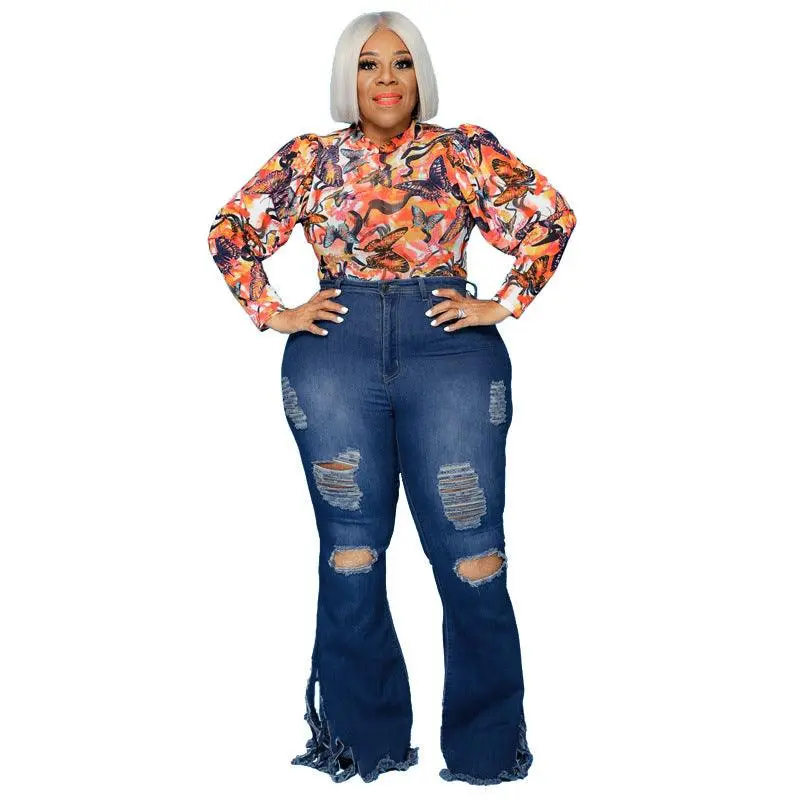 Plus Size Slim Fit Ripped Tassel Washed Bell-Bottom Pants Code  Jeans