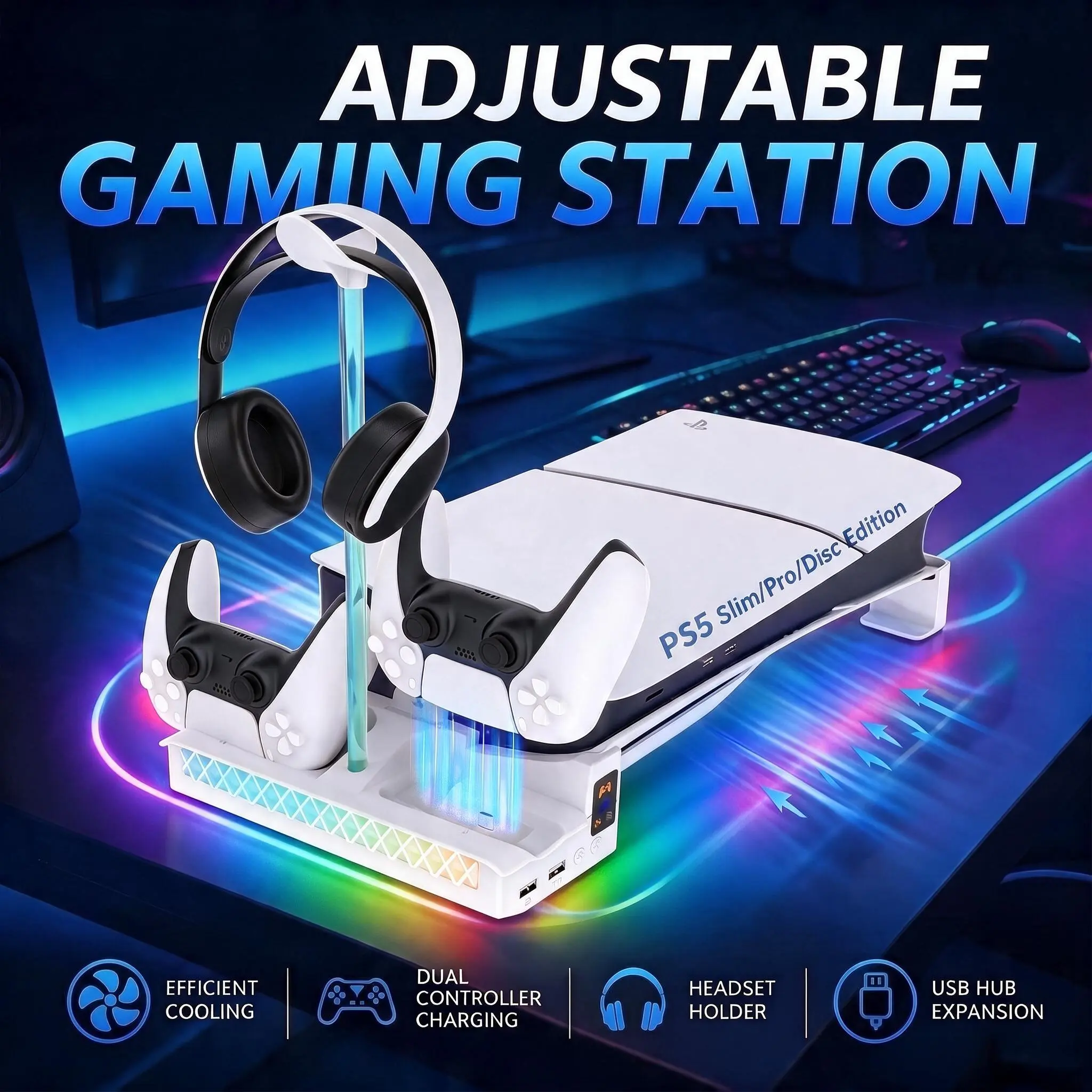 PS5 Horizontal Stand with Cooling Fan, Charger & Scalable RGB Lighting - USB Ports Equipped Storage Base with EVA Foams for Original Edge Controllers, All PS5 Disc/Digital, Slim/Pro Models (White, Console Accessories)