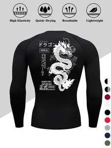 Men's Dragon Print Long Sleeve Fitness T-Shirt, Quick-Dry Breathable Compression Top, Athletic Compression Shirts, Athletic Fitness Clothes, High Performance Activewear, Ideal for Running Gym Outdoor Activities, Athletic Tee