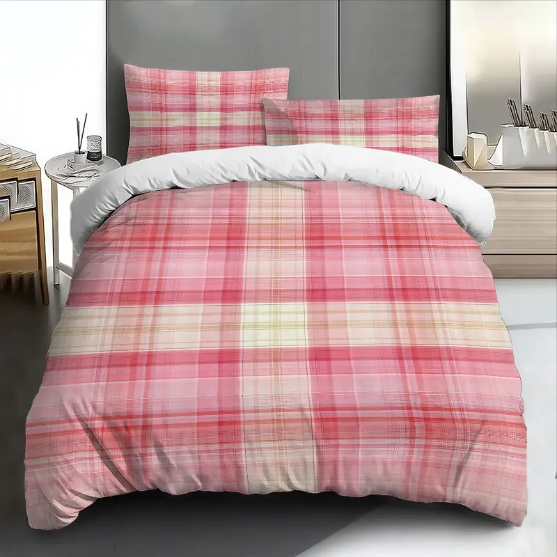 3pcs Vintage Pink Tartan Floral Bedding Set Soft & Breathable - Includes Duvet Cover and Pillowcases, Bedding set king size Perfect for All Seasons, Machine Washable - Soft Bedding Sets Ideal Gift for Valentine’s Day and Anniversaries