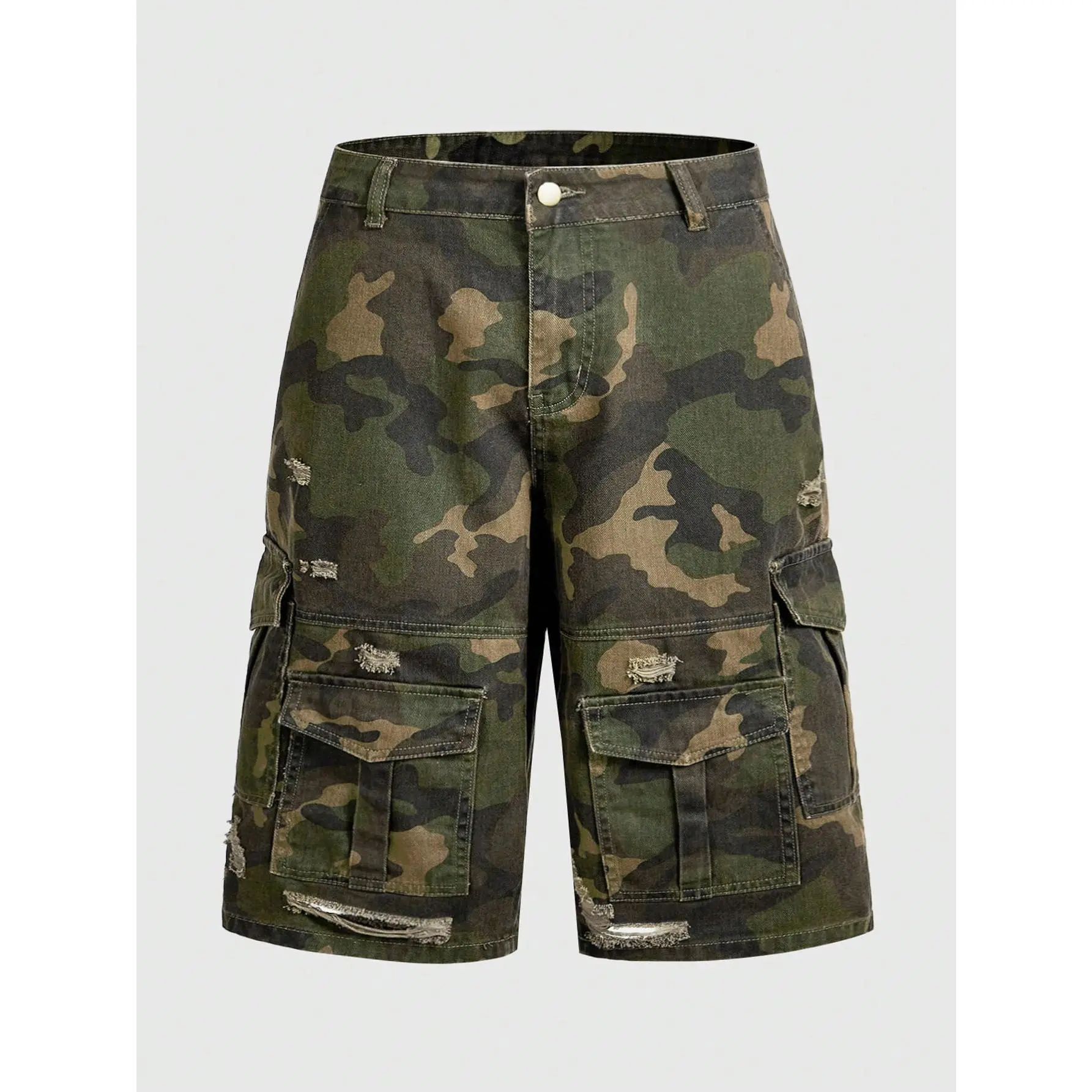 Men Camouflage Distressed 3/4 Baggy Shorts Jorts Summer Streetwear 2026