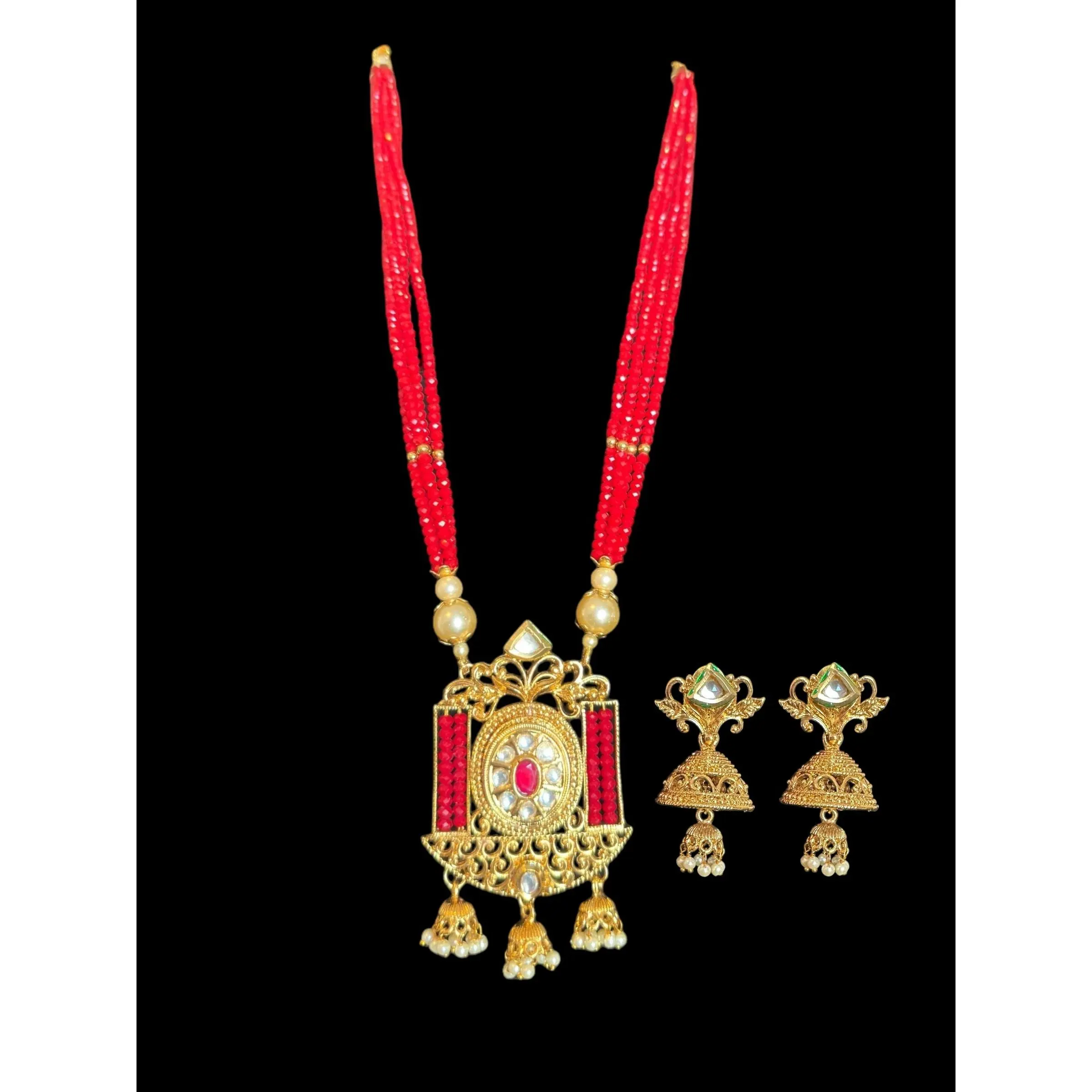 PS536 Kundan mala and jhumka with red beads ( READY TO SHIP )