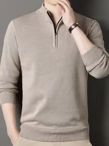 Men's Fall Winter Half-Zip Stand Collar Long Sleeve Knit Sweater, Knitwear, Pure Minimalist Design, Soft Fabric, Versatile Casual Wear Tops