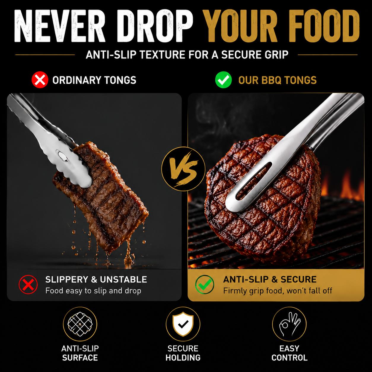 Premium 304 Stainless Steel BBQ Tongs, 10.6 Inch Long Handle Grill Tongs with Anti-Slip Hollow Grip Design, Food Grade Cooking Tongs for Steak, Seafood & Outdoor BBQ