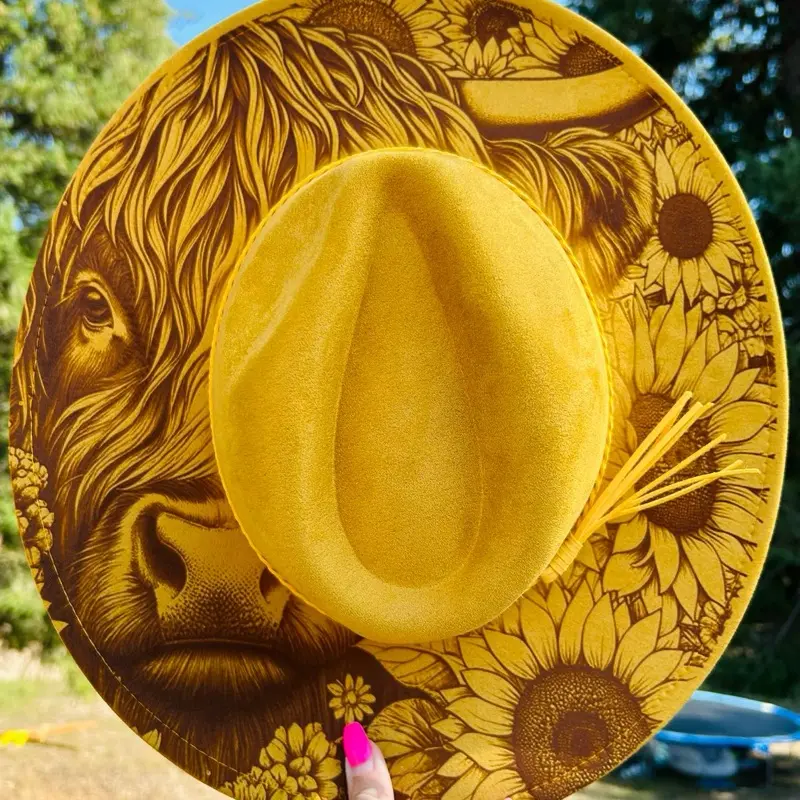 Highland Cow Sunflower Engraved Fedora Hat with Adjustable Inside Band Fits 20-24.5" Heads Yellow Fedora Style Hat