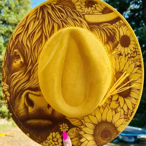 Highland Cow Sunflower Engraved Fedora Hat with Adjustable Inside Band Fits 20-24.5" Heads Yellow Fedora Style Hat