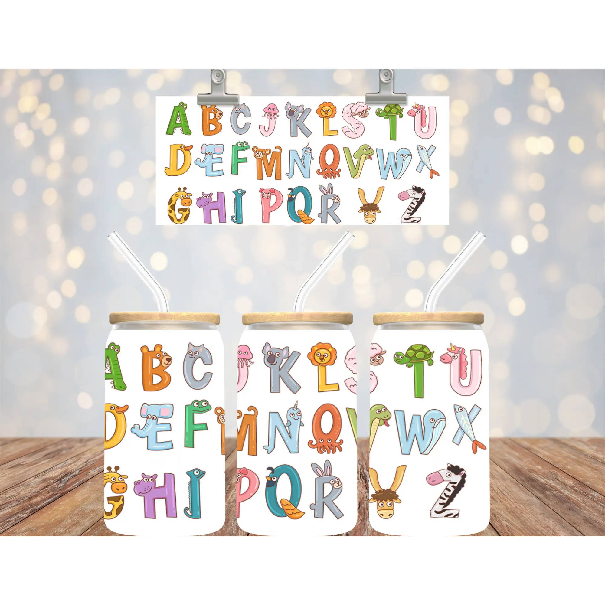 16 oz Uv Dtf Cup Wrap Cute Animal Alphabet 749