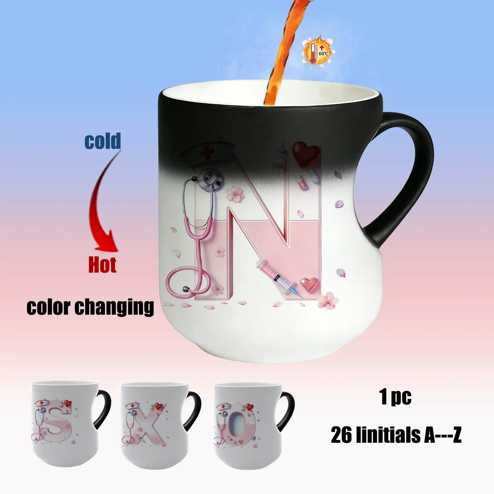 Nurse Initial Color Changing Ceramic Mug, thermosensitive ceramic cup, 26 Initials A-Z Letter Heat Changing Coffee Cup, Perfect Nurse Graduation & Nurse Day Gift, Ceramic Printed Drinkware