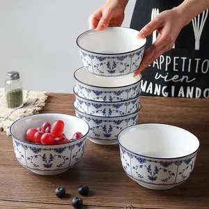 Set of 6 Ceramic Rice Bowls 13.4 Cm, Classic Blue and Floral Design, Microwave & Dishwasher Safe, Ideal for Rice, Soup, Dessert & Everyday Dining Tableware, Serving Bowls