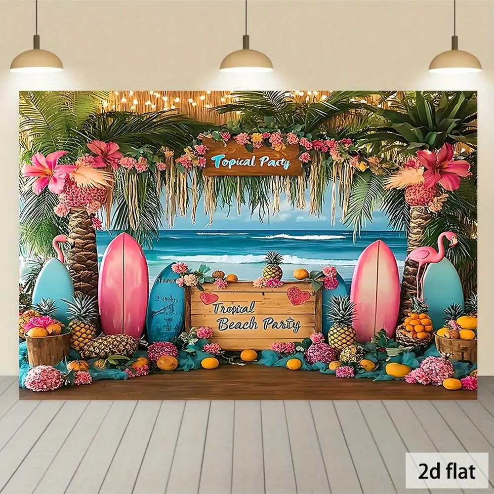 1pc Tropical Beach Party Banner - Hawaiian Tropical Oasis Decoration with Palm Trees, Flamingos, Surfboards - Turquoise Ocean Backdrop for Luau, Poolside, Home Decor - Lightweight Polyester Fabric Hanging Banner, Room Decor, Glamorous