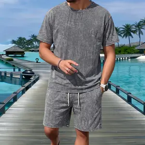 Men's 2-piece set with delicate washed design and subtle washed texture showcasing low-key coolness. Moisture wicking fabric and comfortable fit are suitable for exercise and weekend leisure
