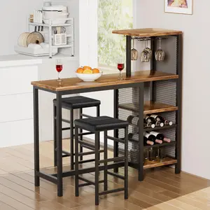 VECELO 3 Piece Bar Table Set with 2 PU Leather Cushion Bar Stools Wine Rack Glass Holder Counter Height Chair 3 Tire Storage Shelves Dining Table Set for Small Space Brown Gold