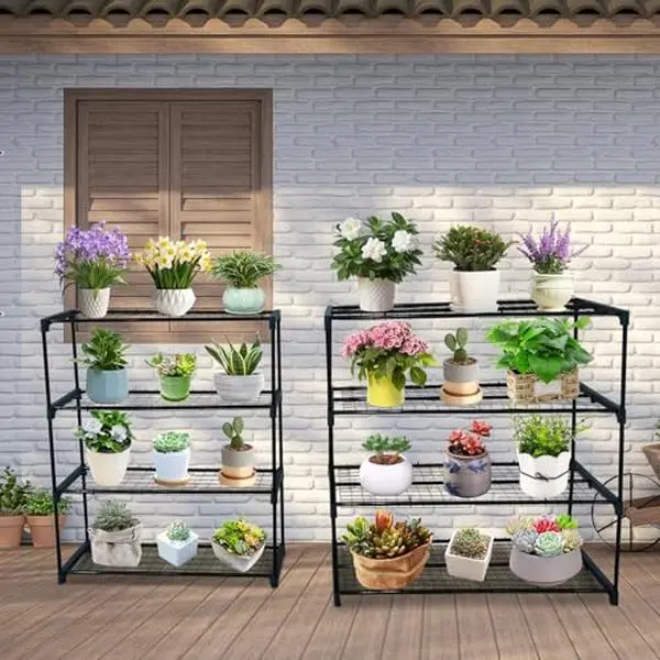 2-Pack Heavy-Duty Steel Greenhouse Shelves - 4-Tier Portable Floor-Mounted Grow Racks, Rust Resistant, Adjusts to Uneven, Floor-Safe Pads, 72 LBS Capacity, 35x12x42 in, for Organizing Plants, Balcony, Indoor Garden Use, Rustproof Steel, Uneven Floor Fit