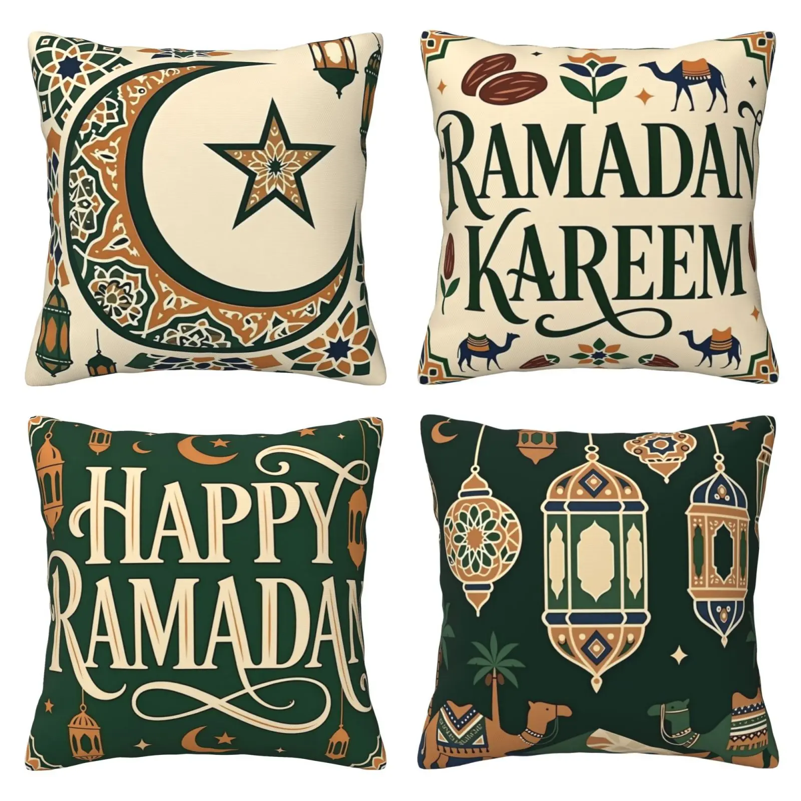 Crescent shaped pillowcase four piece set, traditional lantern star Ramadan green decorative pillowcase set, suitable for decoration in living rooms, apartments, beds, sofas, 4-piece set with double-sided printing