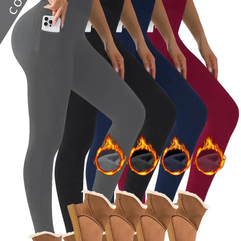 4-Piece Women's High-Waisted Fleece-Lined Leggings with Pockets for Fitness Running Outdoor Sports Pants Slimming Tummy Control Yoga Trousers