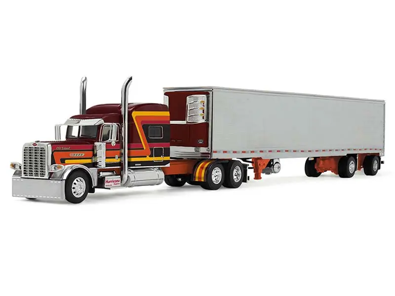 New Officially Licensed Peterbilt 389 Pride-N-Class First Gear Striped Maroon Refrigerated Diecast Model Truck - Orange,Yellow,Red Stripes, Hurricane Express, 1:64 Scale DCP 69-2073 Collectible Model Cars & Diecast Toys