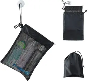 Shower Bag Tote, Mesh Caddy Toiletry Organizer 12”L x 9”W, Compact and Lightweight With Suction Cup, Cord for Hanging, Zipper and Drawstring Pouch 14”L x 10”W, Black