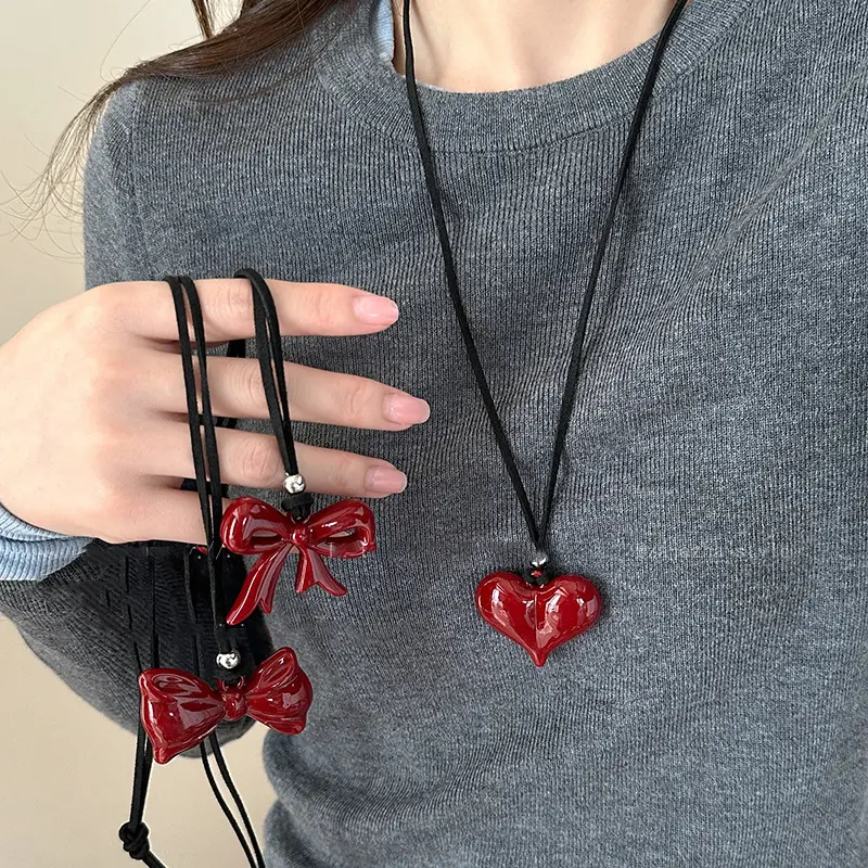 Vintage Red Bowknot Big Love Heart Pendant Black Long Rope Chain Necklace Sweater Chains for Women Y2K Jewelry Accessories