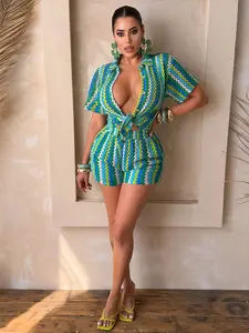Summer Women Two-Piece Set – Colorful Zigzag Shorts & Shirt – TikTok Trending Vacation & Street Style Casual Outfit