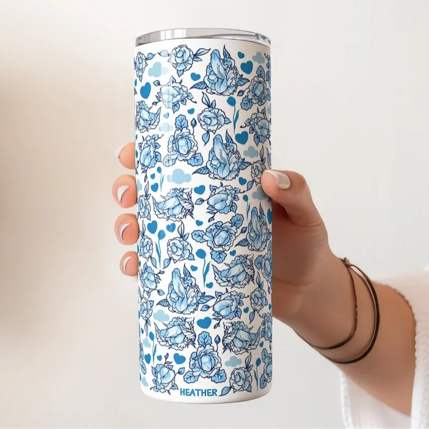 Floral Tumbler, Gifts for Her, Bachelorette Party Bridesmaid Gift, Custom Name Sexy Coffee Mug Blue