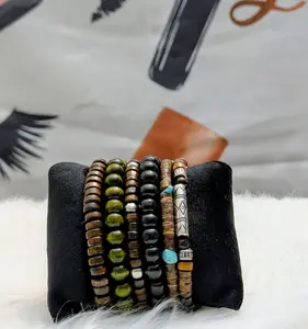 002 Vintage Style Wooden Bead Bracelet Set - Boho Tribal Stackable Set of 6