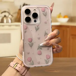 Colorful Transparent Pink Tulip Phone Case for iPhone 11–16 Pro Max | Minimalist Design, Slim & Protective TPU Cover, Stylish Gift for Girls