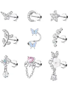 16 Gauge Cartilage Earrings Helix Earrings for Women Helix Pierced Earring Stainless Steel Helix Piercing Jewelry Leaf Butterfly CZ Studs Flat Back Cartilage Earrings Set 9Pcs