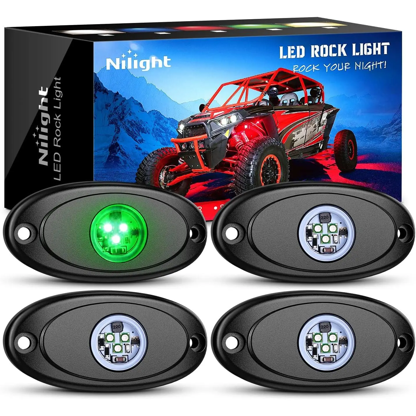 Nilight 4PCS Green LED Rock Light Pods - Aluminum Multipack, IP68 Waterproof Underglow, Heat-Resistant Stable Long-Lasting Vehicle LED Light Accessories for ATV, SUV, UTV, Motorcycle