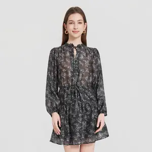 Women's Balloon Long Sleeve Mini Dress - Universal Thread Gray Floral M