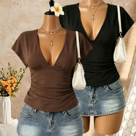 Women's 2-Pack Deep V-Neck Short Sleeve T-Shirts, Pleated Slim Fit Design, Solid Color Summer Basic Tops for Daily Wear, Casual Clothing, Casual Everyday Tee