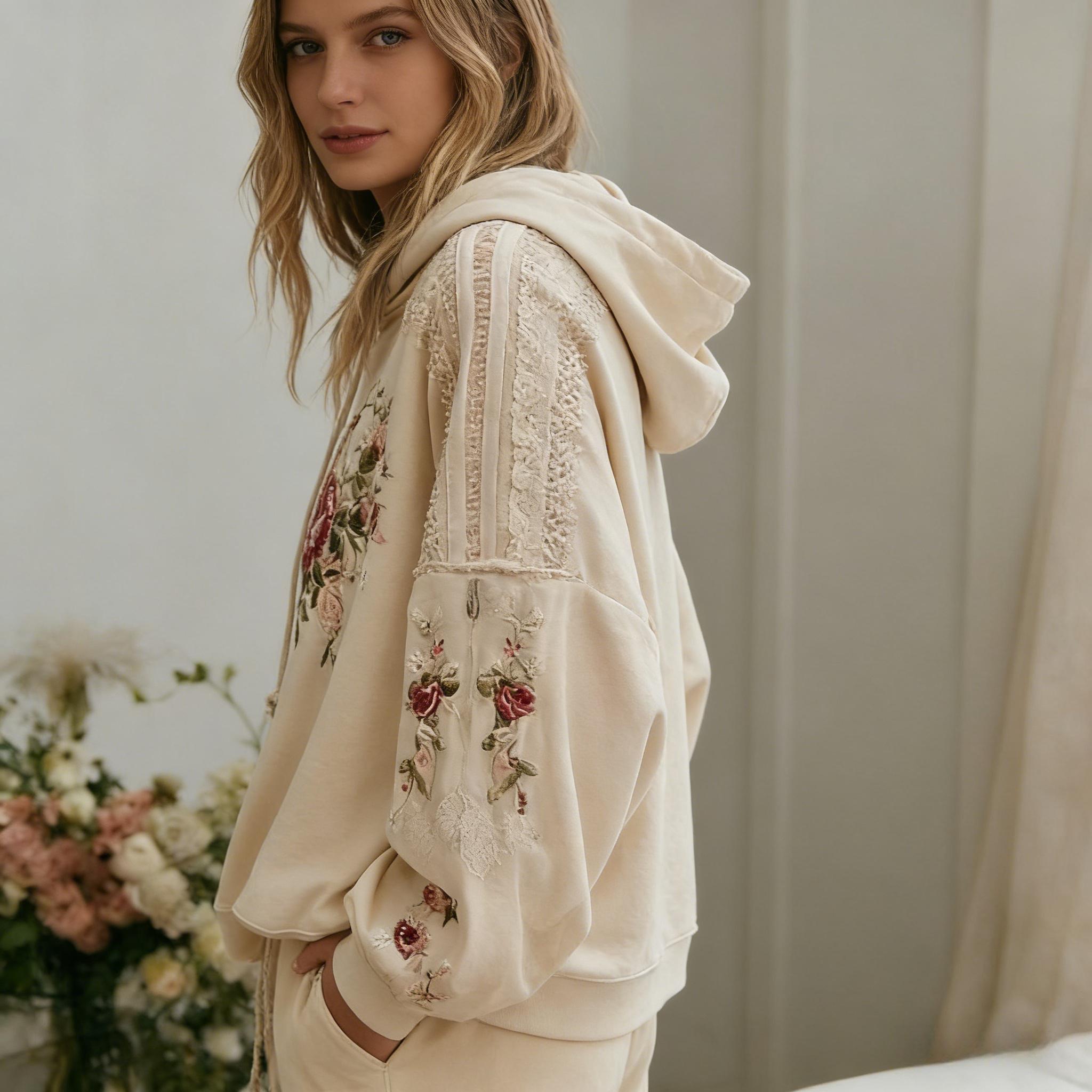 Vintage Beige Floral Embroidered Hoodie, Lace Patchwork Oversized Pullover, Boho Cottagecore Aesthetic Sweatshirt, Romantic Rose Embroidery Casual Streetwear for Women