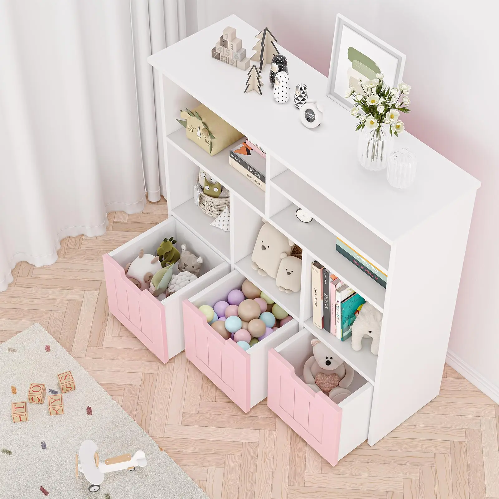 Multifunctional Kids Bookshelf with 3 Adjustable Movable Drawers - Hidden Wheels Storage Cabinet for Playroom, Nursery, Pink with Drawer Organization & Toy Organization