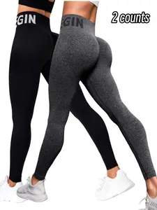 Women's Spring Sporty High-Waisted Slim Fit Plain Leggings, Comfortable Letter Pattern Pants for Outdoor Sports, Running, Fitness, High Waist Stretchy