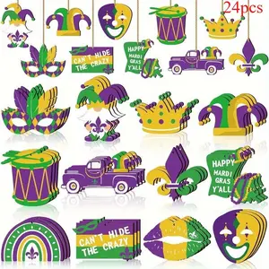 Mardi Gras Themed Wooden Hanging Ornament, 1 Set Mardi Gras Wooden Crafts Decoration for Home, Hanging Decorations for Home Party