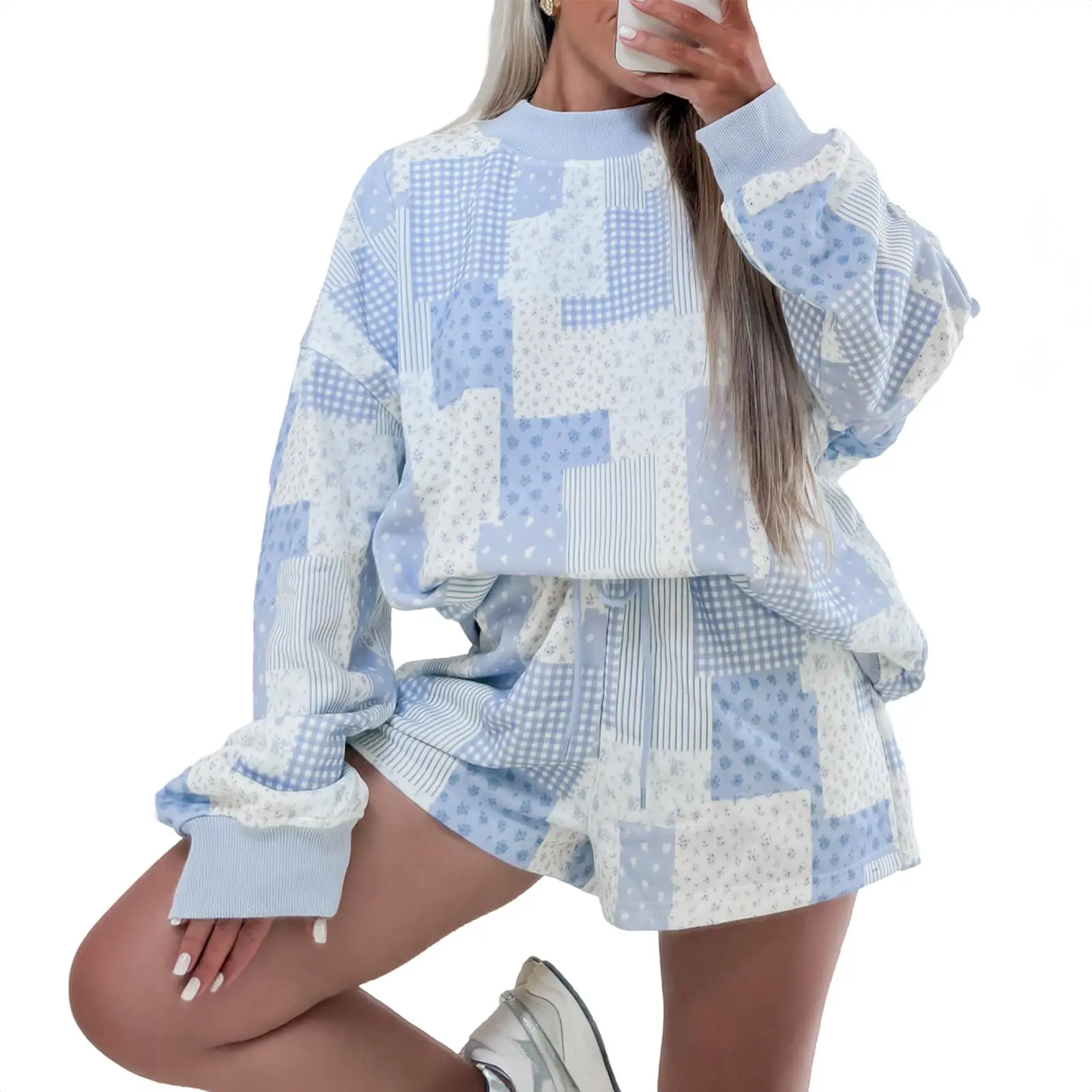 Mntaor Women's Blue Patchwork Floral Print 2-Piece Loungewear Set - Soft Chic Christmas Outfit Baggy Drop-Shoulder Pullover + Elastic Waist Shorts, Ideal for Home Office, Errands