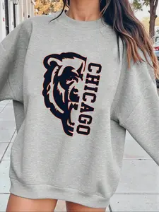 Women's Fall Winter Vintage Chicago Round Neck Sweatshirt, Casual Loose-Fitting Football Letter Pattern, Panda Fan Favorite