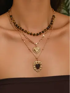 3pcs Layered Eye Beaded Necklace Set, Heart Pendant Chain, Boho Jewelry for Women