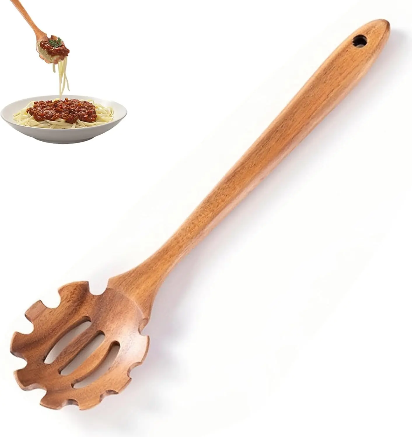 Acacia Wood Teethed Pasta Serving Spoon - Elaborately Polished Cooking Noodle Scoop with Teethed Head for Spaghetti