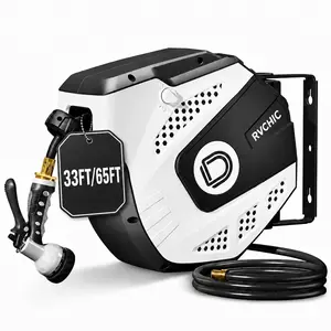 【Father's Day】RVCHIC Retractable Hose Reel 33FT/65FT Garden Water Hose Reel with 9-Pattern Spray Nozzle, 180° Swivel Bracket Wall Mounted, Auto Rewind, Lock Any Length, Slow Return System for Yard Patio Car Wash