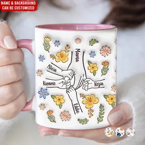 Floral You Hold Our Hands Mug, Custom Kid Names, Personalized Custom Inflated Effect Printed Mug, Birthday Gift For Mom/Grandma/Nana/Mimi, 2D Printed 3D Effect, gift for her, gift for him, gift for mom, gift for dad, gift for friend, birthday gift mug.