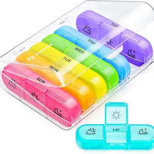 Colorful Daily Three Times Weekly Pill Box, Portable Travel Medicine Container, 7 Day Large Tablet Holder, Lightproof Case for Vitamins, Drugs, Supplements