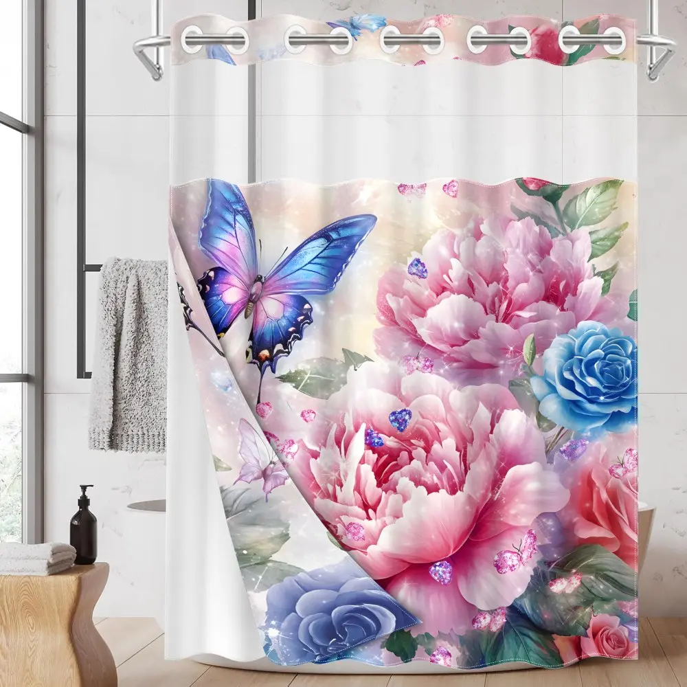 1PC/4PCS 2D Printing Pink Blue Peony Flowers Butterflies Patterned Removable Decorative Shower Curtain, bathroom decor, Floral Shower Curtains For Bathroom, shower curtain set with 12 hooks, non-slip bathroom rug
