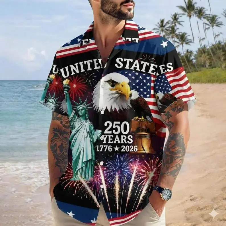 America 250 Button Shirt, Patriotic Eagle, USA 250th Anniversary Hawaiian Shirt, Statue Of Liberty, 250 Years Of Freedom and Faith Gift