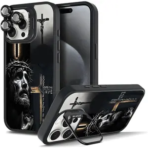 Jesus pattern religious element decoration shock-absorbing bracket phone case Suitable for iPhone 17 16 15 14 13 12 11 Xs Pro Max Plus metal camera frame&magnetic anti drop phone case B003 Screen Protector Cover Protection Smartphone