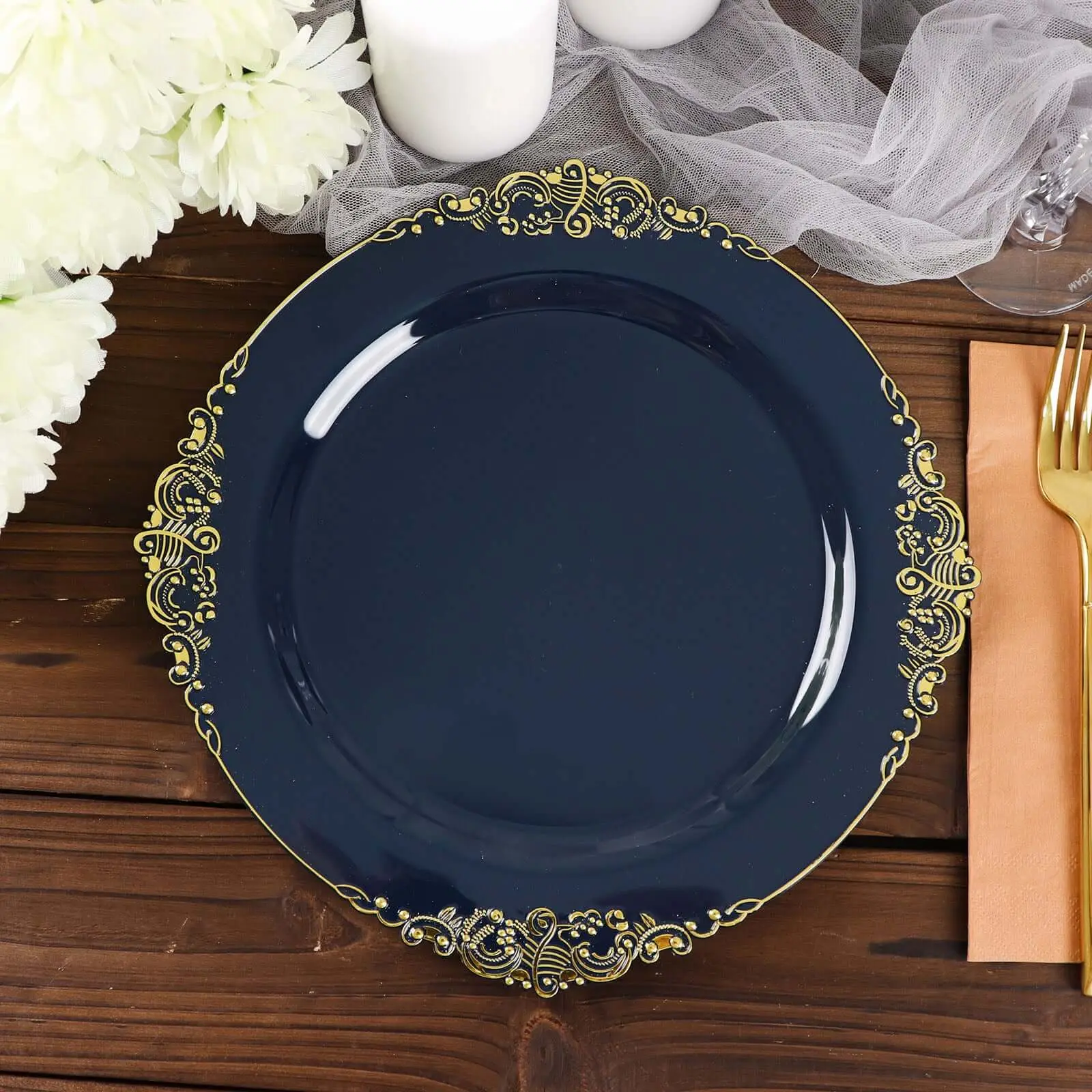 Elegant Plastic Plates - 10-Pack 10in Disposable Navy Blue Dinner Plates with Gold Leaf Embossed Wide Rims, Vintage Baroque Style Festive Party Home Supplies Tableware